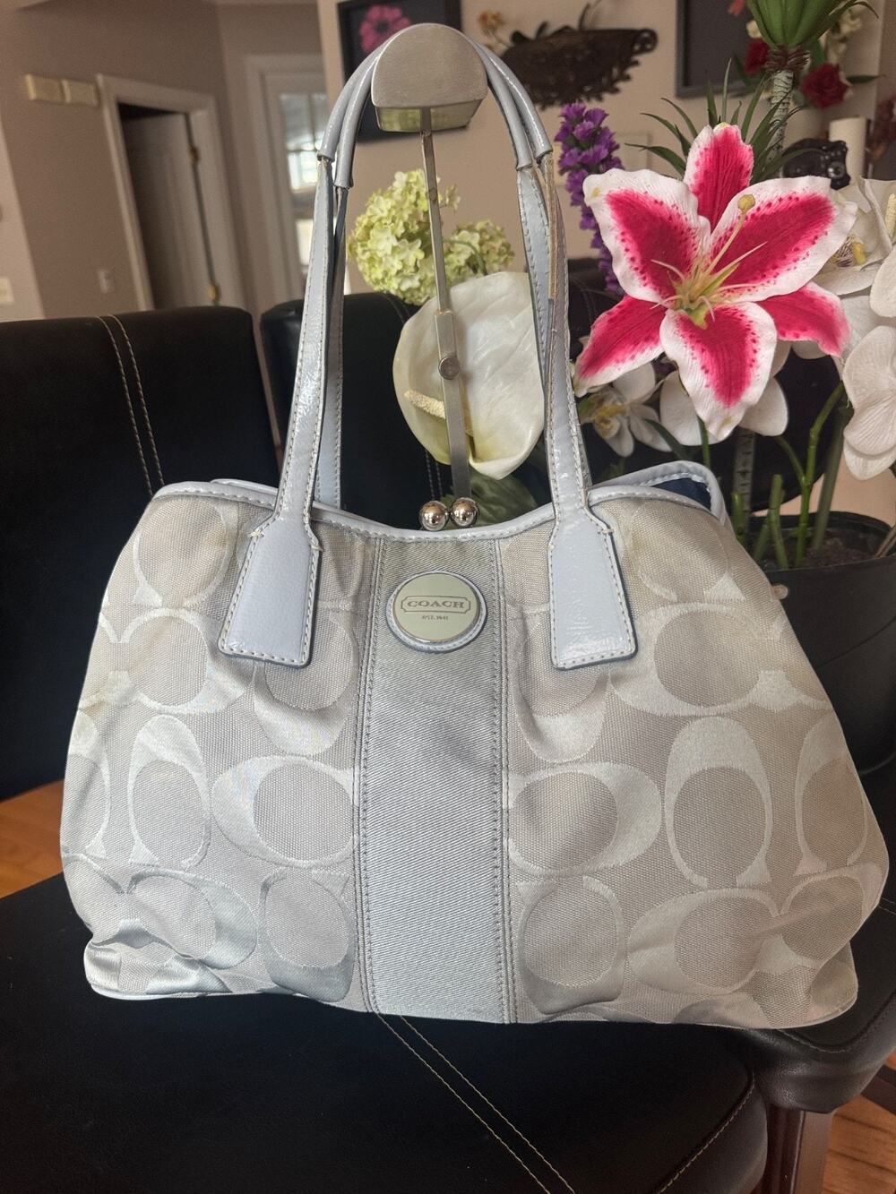 Coach Signature Stripe Framed gray Carryall F17424 (30000